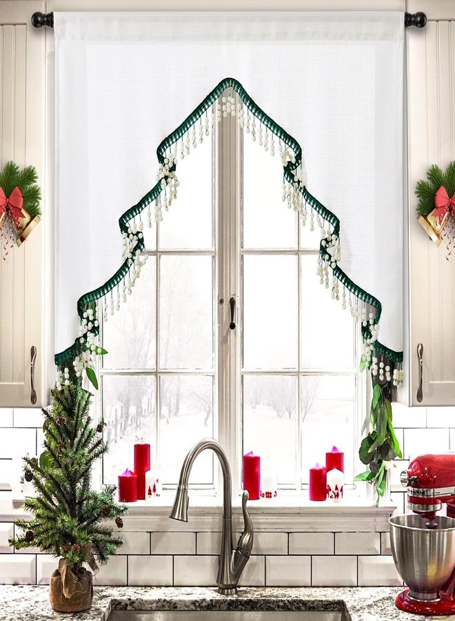 Estmy Boho Cute Christmas Tree Kitchen Curtain, White and Green, 47'W x 36'L, 1PCS - Image 1